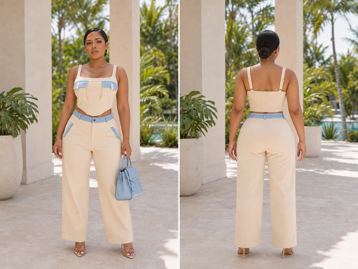 The Divine Two-Tone Cargo Set - Cream Canvas Corset and Wide Leg Pants Set
