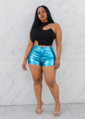 Baddie High-Waisted Metallic Shorts – Turquoise