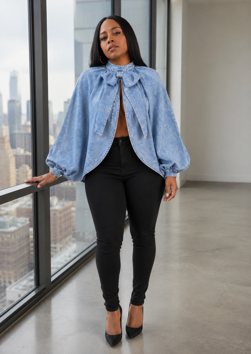 Vanguard" Dramatic Denim Cape Blouse