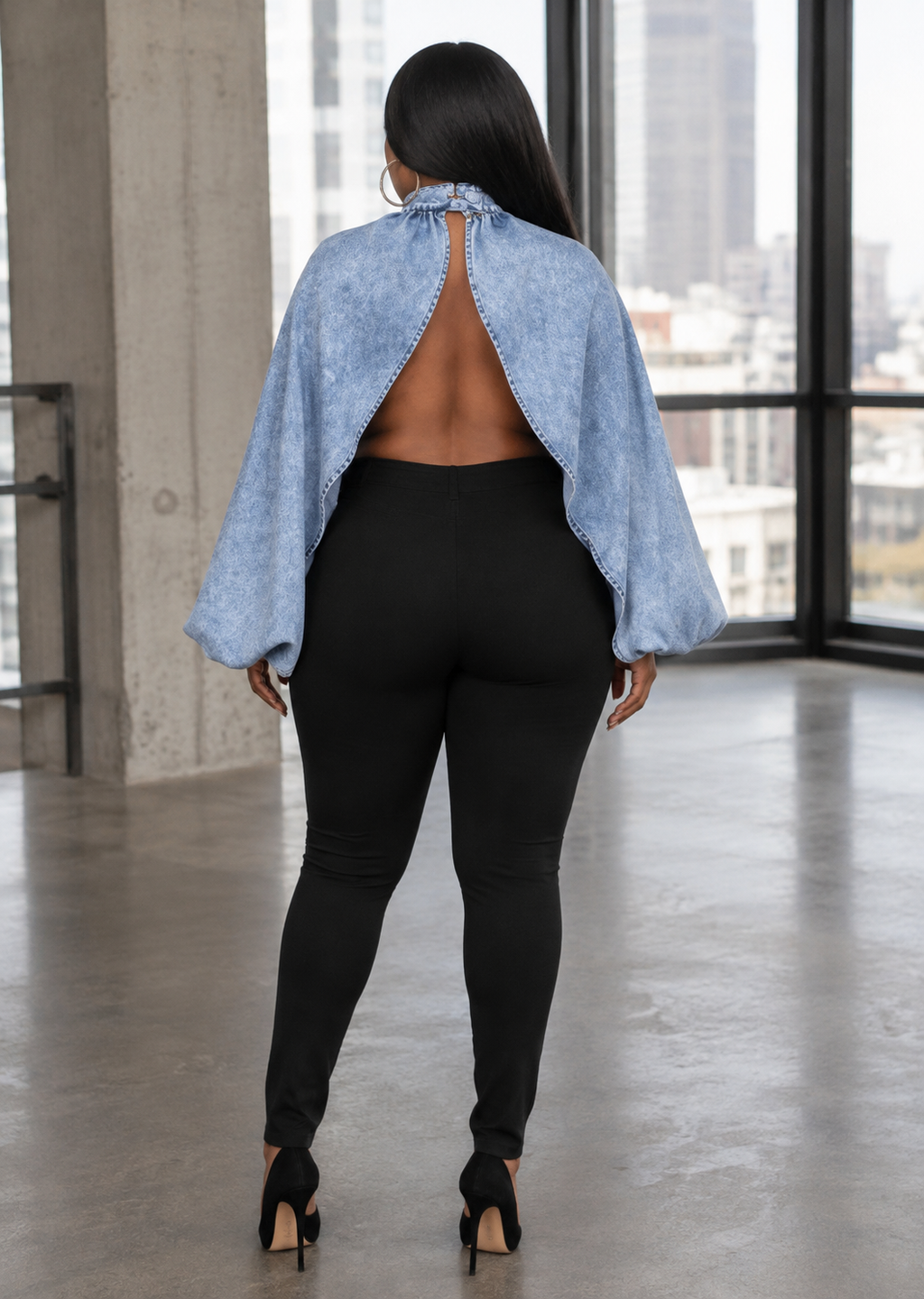 Vanguard" Dramatic Denim Cape Blouse
